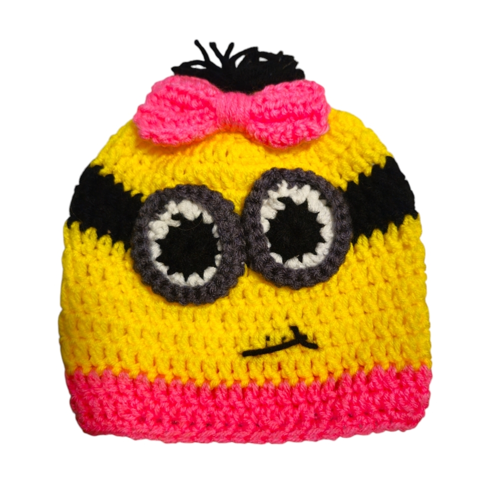Handmade Minion Crochet Hat Beanie Yellow Pink with Bow Girls OS